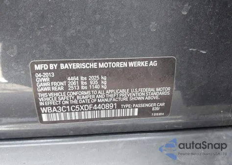 2013 BMW 328I из США, поврежденный, VIN WBA3C1C5XDF440891